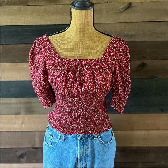 Universal Thread Tops - Universal Thread Puff Elbow Sleeve Smocked Fitted Floral Blouse Cottagecore